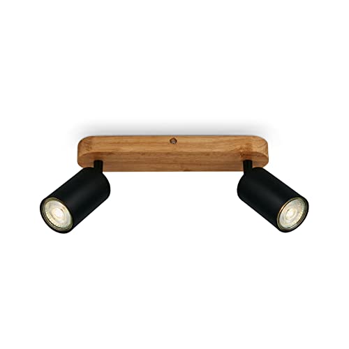 BRILONER Leuchten - Deckenlampe retro mit Holz, 2-flammige Deckenleuchte vintage, 2x GU10 Fassung, verstellbarer LED Spot, rustikaler Deckenspot, Schwarz-Holz, 270x60x85 mm, 2922-025