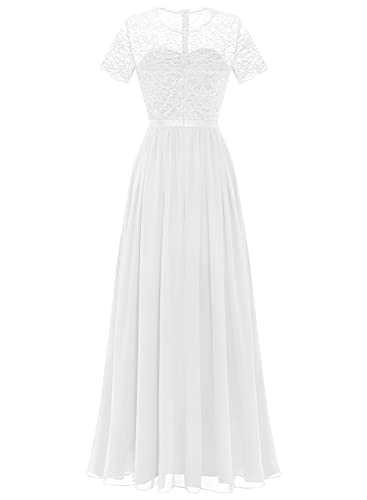 Dressystar Damen Hochzeitskleid Maxi Spitzenkleid Elegant Chiffon Partykleid Kurzarm Abendkleider Weiß S