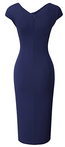 HOMEYEE Damen Vintage V-Ausschnitt Bodycon Business Bleistiftkleid mit Schlitz B700 (M, Marineblau)