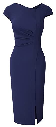 HOMEYEE Damen Vintage V-Ausschnitt Bodycon Business Bleistiftkleid mit Schlitz B700 (M, Marineblau)