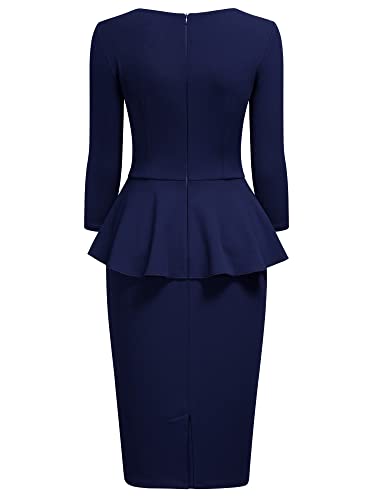 MIUSOL Damen Business Cocktailkleid Karree-Ausschnitt 3/4 Arm Reißverschluss Schößchen Kleid Navy Blau XL