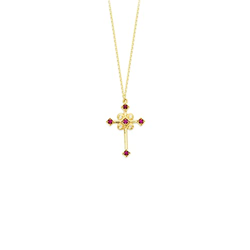 14 Karat Gelbgold 0,02 Dwt Diamant und 0,080 dwt Rubine, verstellbar, religiöser Glaube, Kreuz-Halskette, Schmuck, Geschenke für Frauen – 46 cm, Metall, Diamant