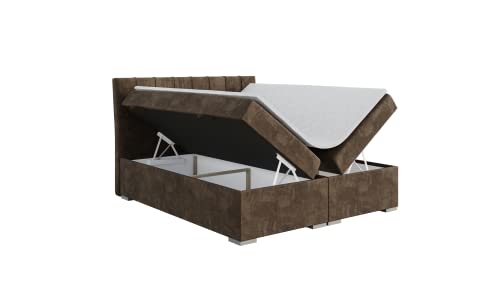 ALTDECOR Boxspringbett mit H3-Matratze (20 cm hoch) mit Bonellfederung + PUR, Topper (5 cm hoch), Polsterbett mit Kopfteil und Bettkasten 180x200 - Braun M.V 2214