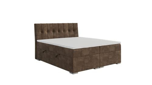 ALTDECOR Boxspringbett mit H3-Matratze (20 cm hoch) mit Bonellfederung + PUR, Topper (5 cm hoch), Polsterbett mit Kopfteil und Bettkasten 180x200 - Braun M.V 2214