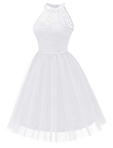 Dressystar Damen Festlich Party Cocktailkleid Hochzeitskleid Spitze Tüll Abendkleider Weiß L