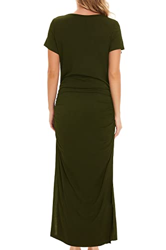 Smallshow Damen Lang Split Umstandskleid Sommer Kurzarm Umstandsmode Army Green M