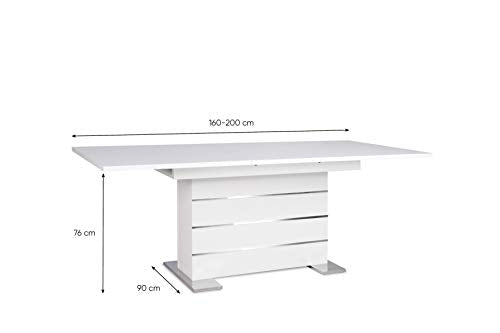 Esstisch - Auszugstisch (B/H/T: ca. 160-200 x 75 x 90 cm) Synchronauszug, weiß, Chrom-Applikationen - ABS Kante (Melaminharzbeschichtet - kratzfest & wasserabweisend)