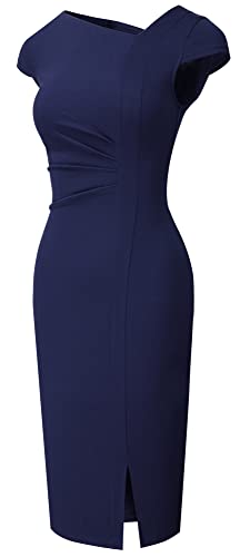 HOMEYEE Damen Vintage V-Ausschnitt Bodycon Business Bleistiftkleid mit Schlitz B700 (M, Marineblau)