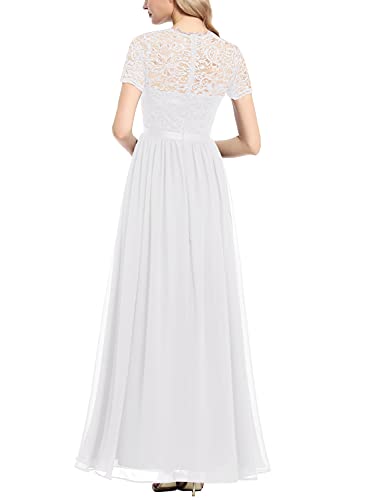 Dressystar Damen Hochzeitskleid Maxi Spitzenkleid Elegant Chiffon Partykleid Kurzarm Abendkleider Weiß S