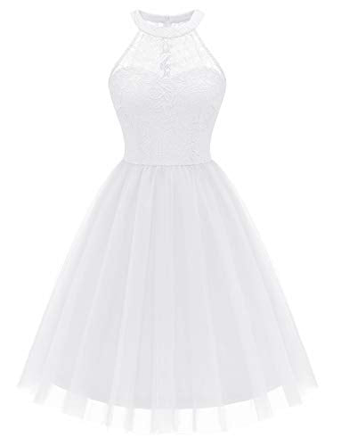 Dressystar Damen Festlich Party Cocktailkleid Hochzeitskleid Spitze Tüll Abendkleider Weiß L