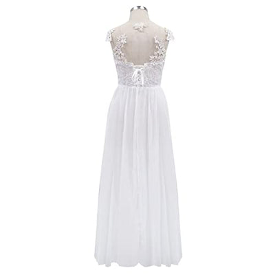 Damen Elegant Hochzeitskleid Spitze Chiffon V-Ausschnitt Abendkleid Brautkleid Kleid Spitzenkleid Split Hochzeitskleid Lange Sommerkleider für Frauen Casual Sommer, weiß, L