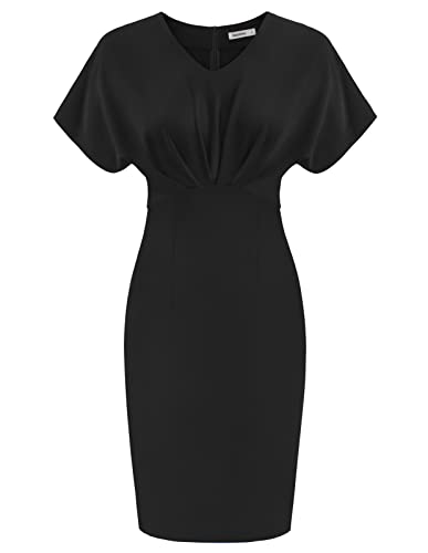 JASAMBAC Damen Fledermausärmel Bodycon Kleid V-Ausschnitt plissiert hohe Taille Hüftrock Business klassisch lässig Midi Kleider