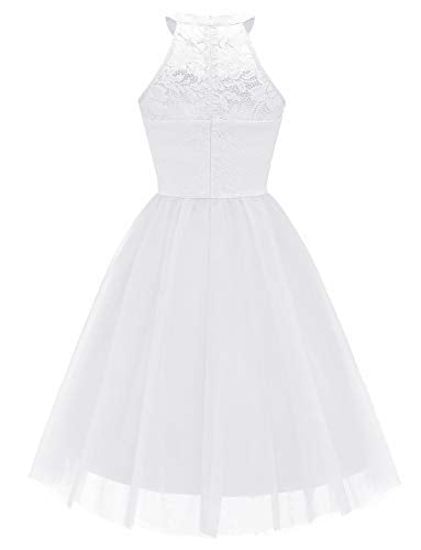 Dressystar Damen Festlich Party Cocktailkleid Hochzeitskleid Spitze Tüll Abendkleider Weiß L