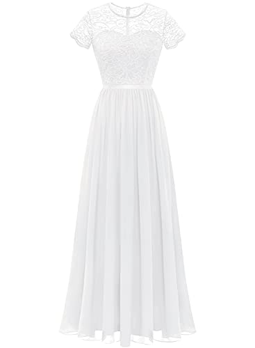 Dressystar Damen Hochzeitskleid Maxi Spitzenkleid Elegant Chiffon Partykleid Kurzarm Abendkleider Weiß S