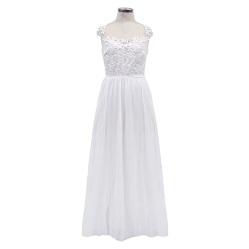 Damen Elegant Hochzeitskleid Spitze Chiffon V-Ausschnitt Abendkleid Brautkleid Kleid Spitzenkleid Split Hochzeitskleid Lange Sommerkleider für Frauen Casual Sommer, weiß, L