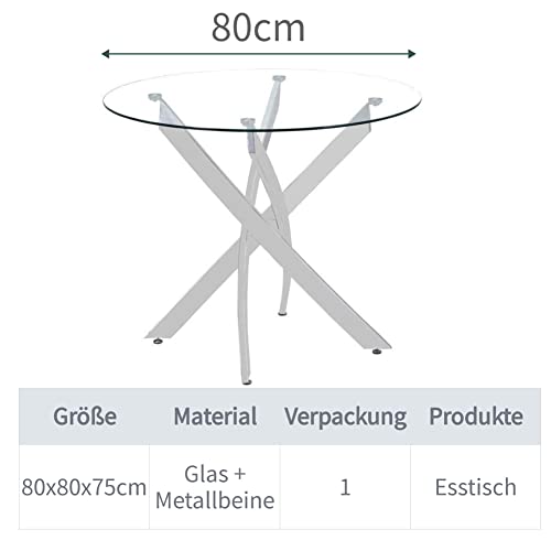 GOLDFAN Runder Esstisch Glas Moderner Küchentisch Runder Glastisch für Esszimmer Wohnzimmer Küche, Silber 80cm