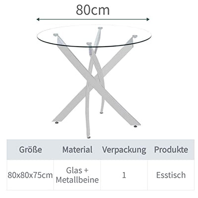 GOLDFAN Runder Esstisch Glas Moderner Küchentisch Runder Glastisch für Esszimmer Wohnzimmer Küche, Silber 80cm