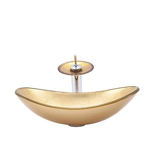 HomeLava Glas Waschbecken Set Aufsatz-Waschbecken Handwaschbecken Waschtisch mit Wasserfall Wasserhahn Oval Golden