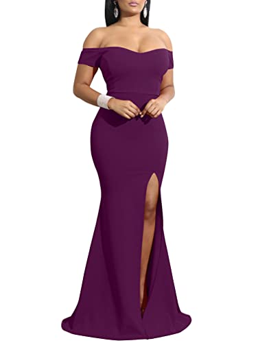 YMDUCH Damen Off Shoulder High Split Long Formal Party Kleid Abendkleid, violett, Mittel