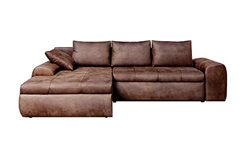 lifestyle4living Ecksofa mit Schlaffunktion und Bettkasten in Braun | Gemütliches Mikrofaser L-Sofa im Vintage-Look mit Stauraum inkl. 4 Rückenkissen