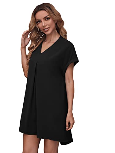 SheIn Damen Kleid Blusekleid High Low Kleider Asymmetrisch Kurz Tunikakleid Locker Sommer Freizeitkleid mit V-Ausschnitt Schwarz L