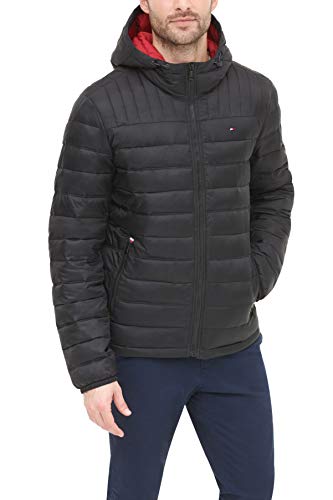 Tommy Hilfiger Herren Wasserabweisende Jacke mit Kapuze Daunenalternative Mantel, schwarz, Large