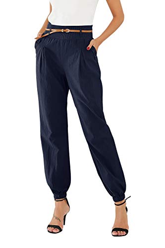 Cindeyar Damen Haremshose Elegant Pumphose Lange Leinen Hose mit Gürtel Aladin Pants (S, Dunkelblau)