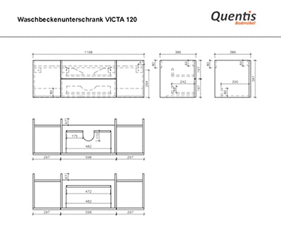 Quentis Badmöbel Victa, Breite 120/ Tiefe 41 cm. Waschplatzset 3-teilig, Waschbecken schwarz matt, Waschtischplatte und Unterschrank, Eiche Natur, Waschbeckenunterschrank montiert