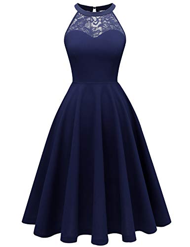 Bbonlinedress Abendkleider elegant für Hochzeit Festliche Kleider Damen Winterkleid Cocktailkleid Neckholder Brautkleid Jugendweihe Kleider Konfirmationskleider Navy L