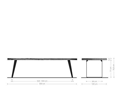 DELIFE Esszimmertisch Edge Akazie Braun 300x100 XL Metall Schräg Live-Edge Gestell: Metall Schräg