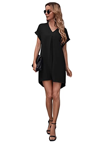 SheIn Damen Kleid Blusekleid High Low Kleider Asymmetrisch Kurz Tunikakleid Locker Sommer Freizeitkleid mit V-Ausschnitt Schwarz L