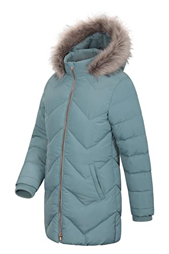 Mountain Warehouse Galaxy gefütterte, gepolsterte Fleece-Kinderjacke – wasserdichte Winter Steppjacke für Mädchen & Jungen, Kapuze aus Kunstfell, Longline Blaugrün 7-8 Jahre