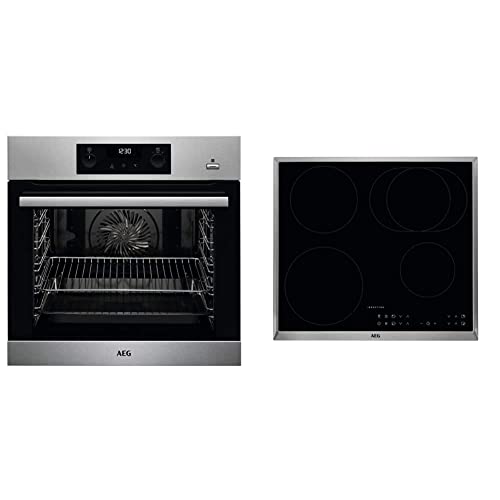 AEG BPB355020M Backofen/Energieeffizienzklasse A+ / 71 Liter Volumen/Edelstahl & IKB6431AXB Autarkes Kochfeld/Herdplatte mit Touchscreen, Topferkennung & Hob²Hood-Funktion / 60 cm, Schwarz