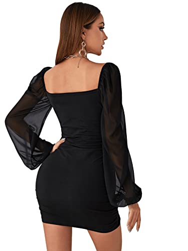 SheIn Damen Netz Ärmel Kleider Bodycon Bleistiftkleid Minikleid Sexy Mesh Partykleid Figurbetont Langarmkleid Schwarz S