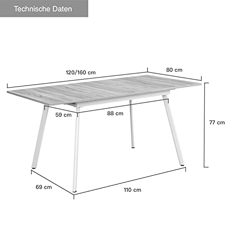 B&D home Esstisch ausziehbar, ausziehbarer Küchentisch für 4-6 Personen, Holztisch, Metallgestell Grau, für Esszimmer, Küche, Skandinavische Design, 120-160x80 cm, Beton Optik