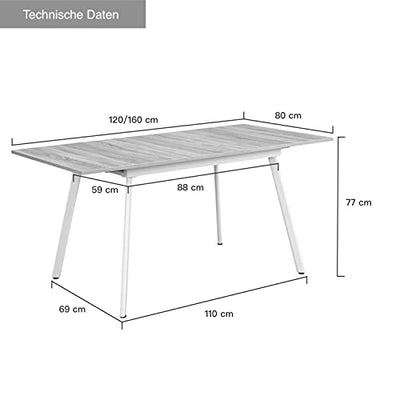 B&D home Esstisch ausziehbar, ausziehbarer Küchentisch für 4-6 Personen, Holztisch, Metallgestell Grau, für Esszimmer, Küche, Skandinavische Design, 120-160x80 cm, Beton Optik