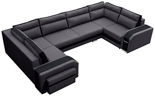 MKS MEBLE Ecksofa mit Hocker und Schuublade - U-Form Sofa Mit Schlaffunktion - Wohnlandschaft - Ausklappbar Bettsofa - Wohnzimmer U Couch - Polstersofa mit Bettkasten ASSAN U