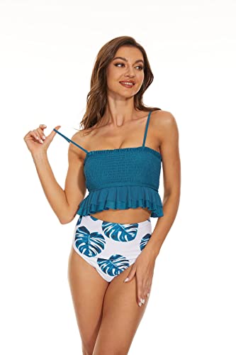 Shulltji Bikini Damen High Waist Bauchweg Tankini Elastizität Gesmokte Doppellagige Rüschen Spitze Badeanzug Damen Sexy Push Up Zweiteiliger Bademode