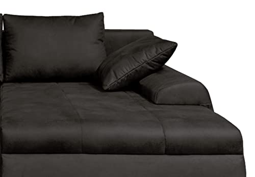 lifestyle4living Ecksofa mit Schlaffunktion und Bettkasten in Schwarz | Gemütliches Mikrofaser L-Sofa im Vintage-Look mit Stauraum inkl. 4 Rückenkissen