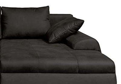 lifestyle4living Ecksofa mit Schlaffunktion und Bettkasten in Schwarz | Gemütliches Mikrofaser L-Sofa im Vintage-Look mit Stauraum inkl. 4 Rückenkissen