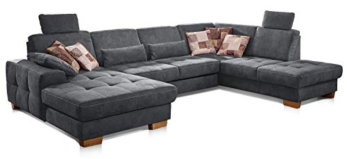 CAVADORE Wohnlandschaft Puccino mit Federkern, Sitztiefenverstellung und 2 Kopfstützen / Sofa in U-Form im Landhausstil / 340 x 86 x 224 cm / Mikrofaser grau