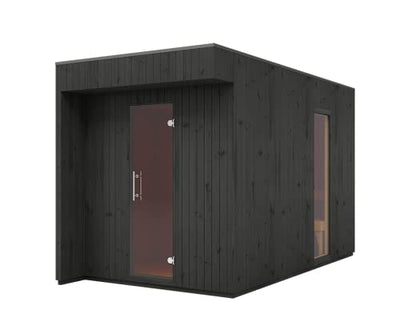 FinnTherm Gartensauna Siena aus Holz, Outdoor Sauna gedämmt, Außensauna Garten mit 72 mm Wandstärke,  Saunahaus 360 x 200 x 235 cm, naturbehandelt und schwarz, isolierte Bauweise