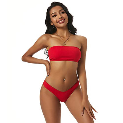 ZAFUL Damen High Cut Bandeau Bikini Set Trägerlos Gerippt Bikinis Bademode(Rot M)