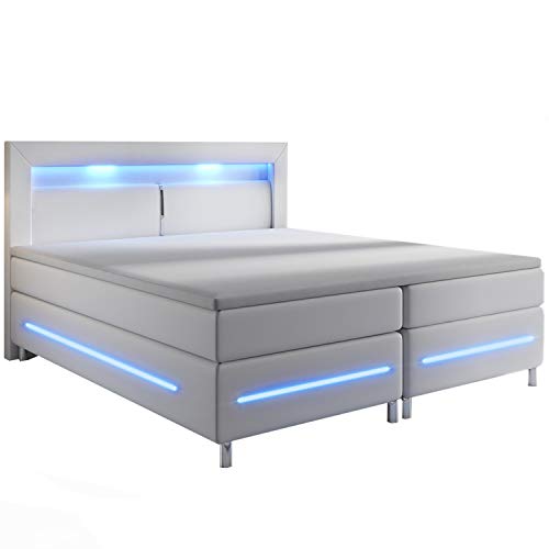 Juskys Boxspringbett Norfolk 180 x 200 cm - LED-Beleuchtung, Bonell-Matratze & Topper - 66 cm Komforthöhe - weiß - Bett Doppelbett Polsterbett