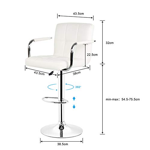 Barhocker mit Lehne und Armlehnen 2er Set Barstühle mit Kunstleder überzogen, Küchenstühle Tresenhocker Höhenverstellbar (2, Weiß)