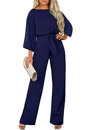 HAPPY SAILED Damen Langarm O-Ausschnitt Elegant Lang Jumpsuit Overall Hosenanzug Playsuit Romper S-XL (3blau, L)