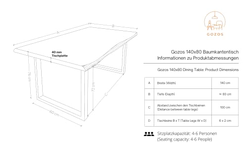 Gozos Berne Esstisch Massivholz aus Baumstamm - Holztisch Esszimmer 140x80 aus massiven Holz mit U-Metallbeinen - Baumkantentisch handgefertigt aus Echtholz - Tisch mit massiver Tischplatte 40mm