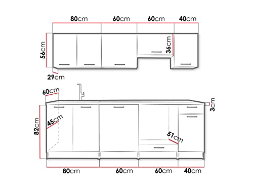 Küche Koga 240 cm, Küchenblock/Küchenzeile, 8 Schrank-Module frei kombinierbar, Schublade Metallbox, Arbeitsplatte (Weiß/Eiche Sonoma/Schwarze Erbse/Schwarzer Stein, mit LED Beleuchtung)