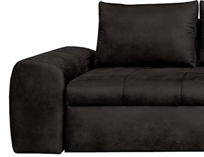 lifestyle4living Ecksofa mit Schlaffunktion und Bettkasten in Schwarz | Gemütliches Mikrofaser L-Sofa im Vintage-Look mit Stauraum inkl. 4 Rückenkissen