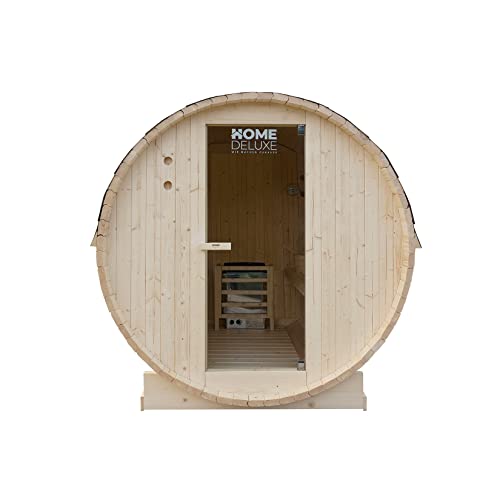 HOME DELUXE - Outdoor Fasssauna LAHTI XL - Maße: BxTxH: ca. 195 cm x 192 cm x 220 cm, Holz: Fichtenholz - inkl. Elektroofen und kompl. Saunazubehör I Gartensauna, Außensauna, Sauna für 6 Personen